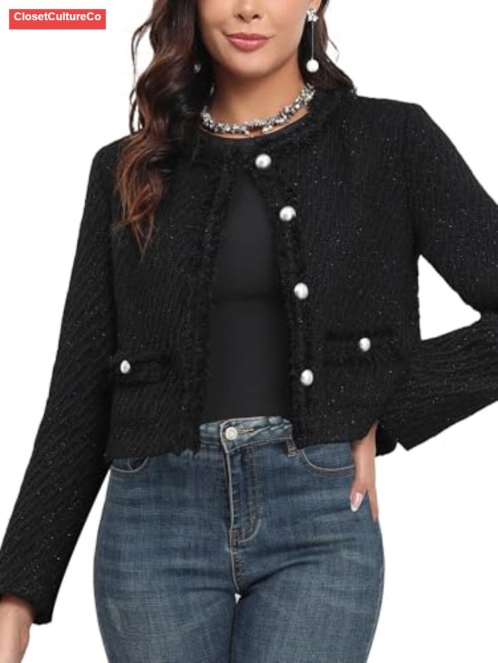 Tweed Cropped Blazer Jacket Collarless Long Sleeve Pockets Business Casual